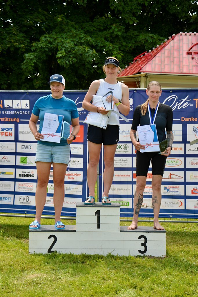 Sieger:innen Startpass-Inhaberinnen:  Eva Vosshans (Triathlon Club Bremen); 2. Susanne Grönebaum (Team Sirius Europe); 3. Jana Krüger (Triabolos Hamburg e.V.)