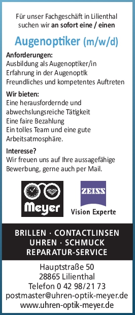 Augenoptiker gesucht