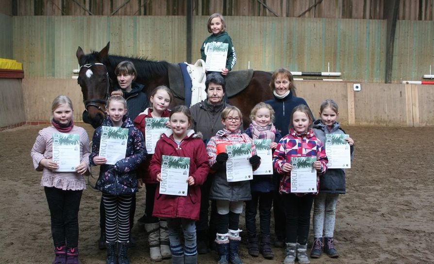 Neun Mädchen der Grundschule Börde Lamstedt freuten sich über das Voltigierabzeichen 10. Foto: sla