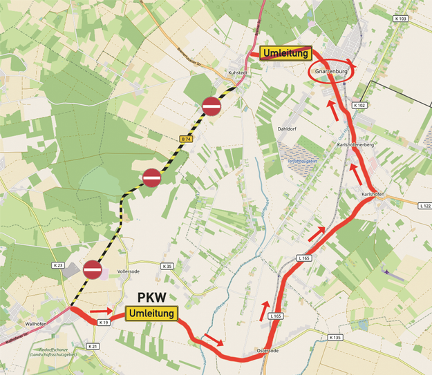 Statt der offiziellen Umleitung zu folgen, empfiehlt der WIR Privat-Pkwfahrern den Weg über Vollersode und Ostersode. Foto: openstreetmap.de/ Desmedia