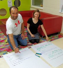 Murat Güven und Stefanie Bourai-Touré freuen sich über das positive Feedback, das die Kinder auf große Zettel geschrieben haben.  Foto: lse