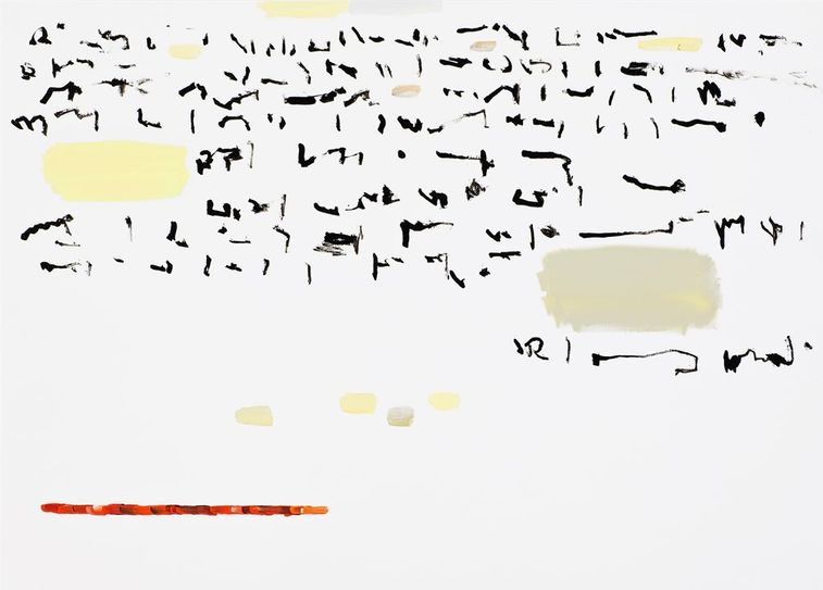 Peter-Jörg Splettstösser: „dritter Brief“, aus der Serie „Briefe an eine ferne Geliebte“, 2016, Acryl, Tusche, Leinwand, 70 x 96 cm.  
   Foto: J. Flieger