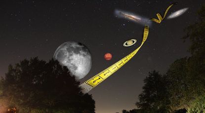 Ganz so einfach ist es nicht: Mit dem Maßband kommt man nicht weit, wenn es um Entfernungen im Universum geht. Wie diese Frage in der Vergangenheit angegangen wurde und welche Methoden es heute gibt, soll Thema des Online-Vortrags am 23. Februar sein.  Grafik: Gerald Willems