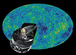 Der ESA-Satellit „Planck“ vor einer Aufnahme des kosmischen Mikrowellen-Hintergrunds.  Foto: European Space Agency