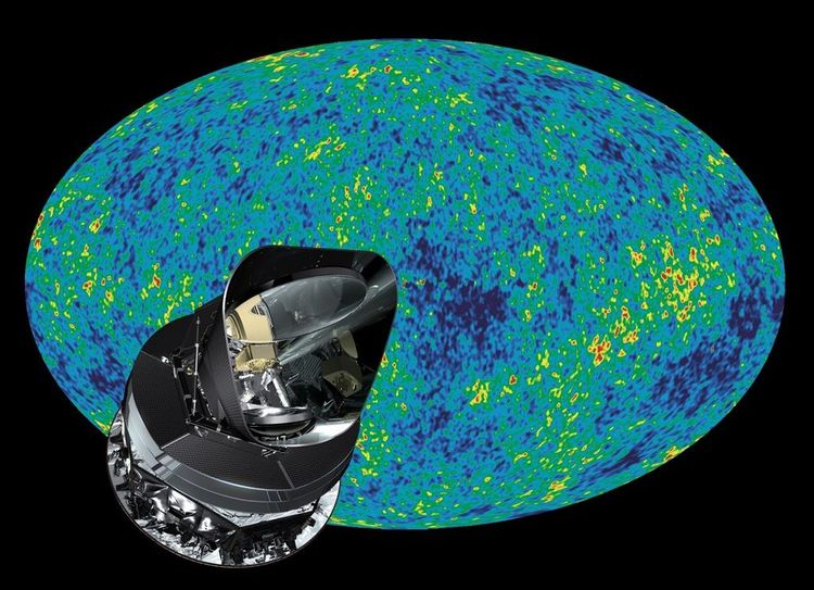 Der ESA-Satellit „Planck“ vor einer Aufnahme des kosmischen Mikrowellen-Hintergrunds.  Foto: European Space Agency