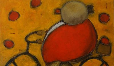 Clown Rondito mit Fahrrad, Öl auf Leinwand 80cm x 80cm.