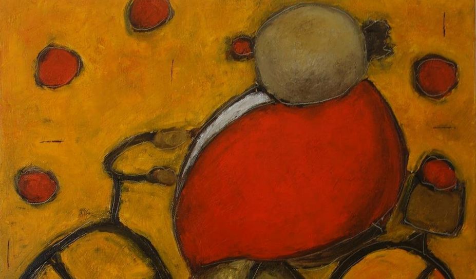 Clown Rondito mit Fahrrad, Öl auf Leinwand 80cm x 80cm.