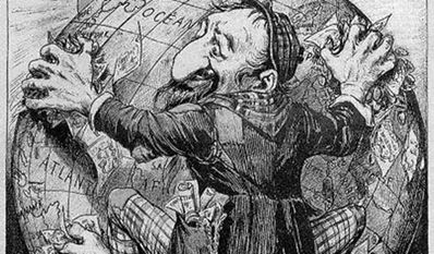 Das alte Bild hinter dem neuen Wort: Wer von "Globalisten" spricht, bedient das antisemitische Klischee vom raffenden, die Welt unterjochenden Juden. Die Karikatur erschien auf der Titelseite von Édouard Drumonts antisemitischer Zeitschrift La Libre Parole (1893). Dargestellt ist ein Jude, Hände und Füße voller Geld, der sich an die Erdkugel klammert. (Bild: wiki commons)