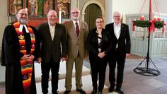Glückwünsche und Dankesworte gab es von Pastor Eckhard Bock (v. li.), Dieter Pleyn, Nadja Neufeld und Stephan Eimterbäumer für Heiner Jäger (MItte).