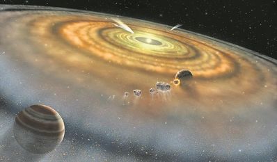 Die Entstehung eines Sonnensystems in einer Staub- und Gasscheibe um einen neue geborenen Stern.