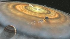 Die Entstehung eines Sonnensystems in einer Staub- und Gasscheibe um einen neue geborenen Stern.