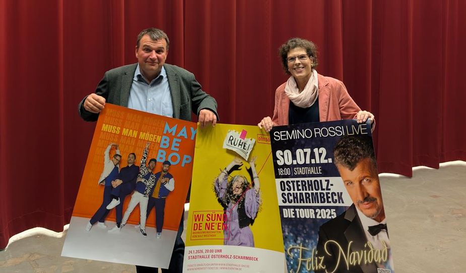 Alle Hände voll zu tun: Stadthallen-Manager Matthias Renken und Pressesprecherin Christine Cassel-Schneider präsentieren drei Events von vielen.