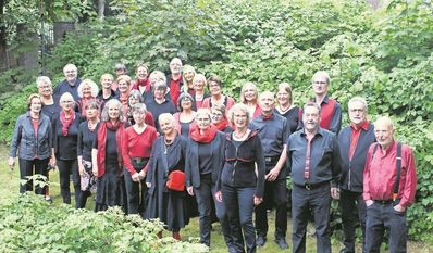 Der gesamte Chor um Chorleiter Cornelius Neitsch (hinten links) freut sich, seit drei Jahrzehnten Musik zu machen.