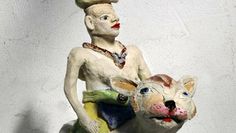 Keramikfigur Reiterin mit Kopffrucht.